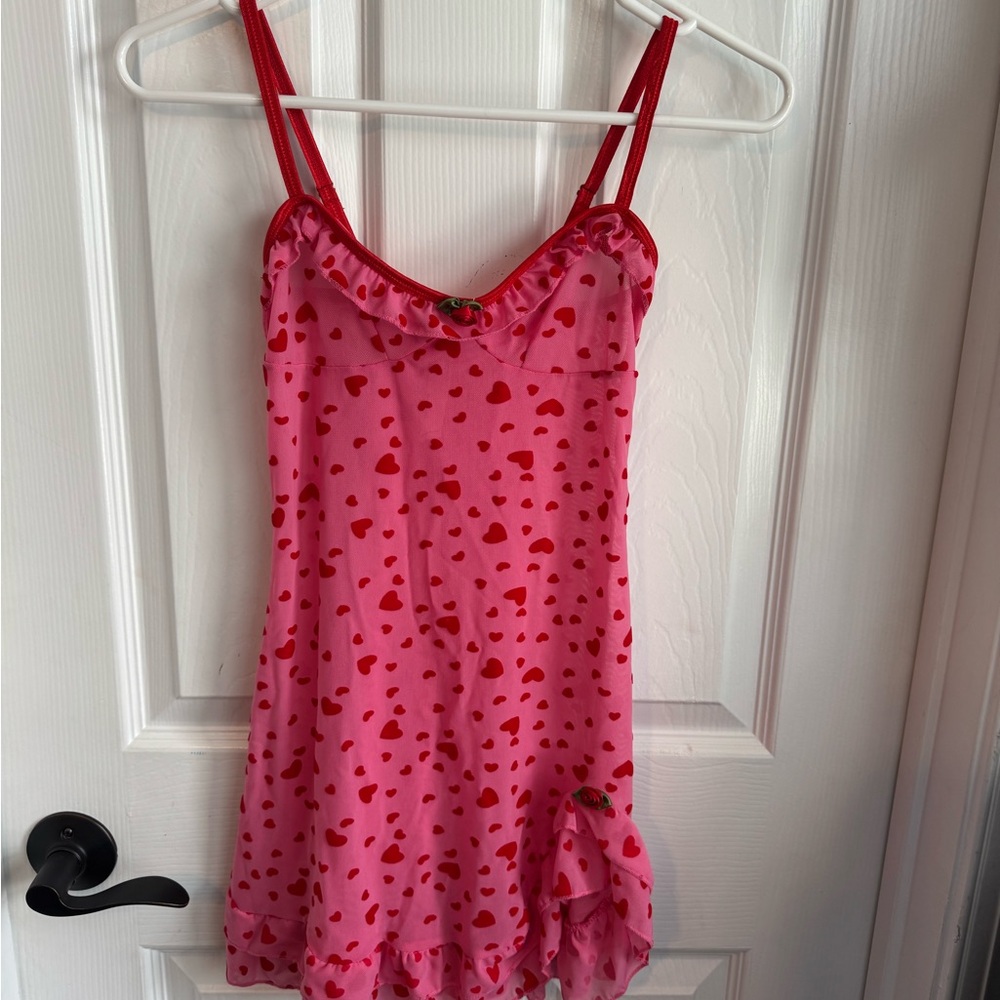 Sugar Thrills Pink Heart Mesh Slip‎ Dress XS Sheer Ruffle Y2K Coquette